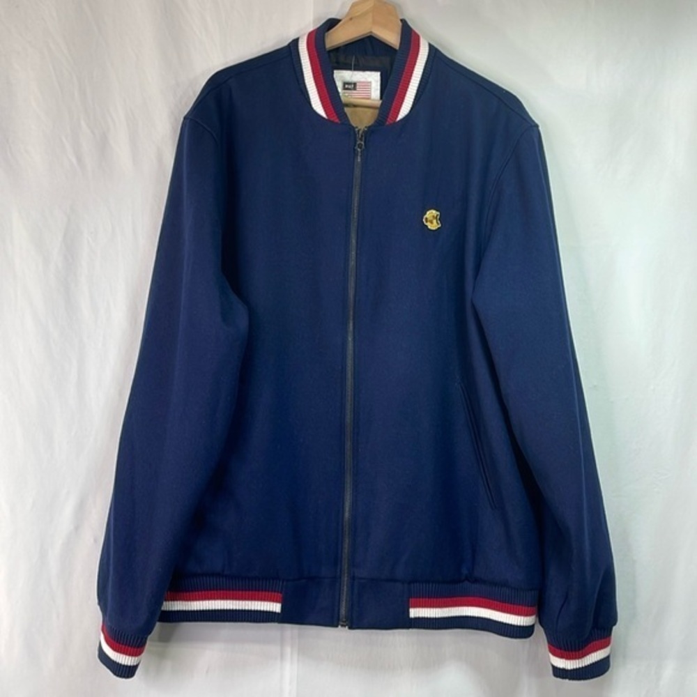 🛵 nwt Huf navy blue wool varsity jacket with red white and blue ribbed trim